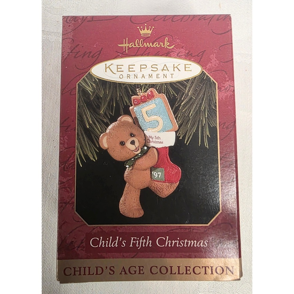 1997 Hallmark Keepsake Ornament Child's Fifth Christmas Teddy Bear Stocking 5